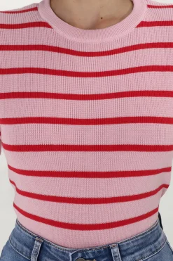 Alden Knit Top: Relaxed Striped Crew Neck Top in Pink><noscript><img width=