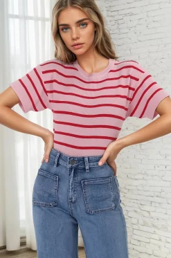 Alden Knit Top: Relaxed Striped Crew Neck Top in Pink><noscript><img width=