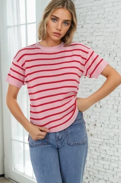 Alden Knit Top: Relaxed Striped Crew Neck Top in Pink><noscript><img width=