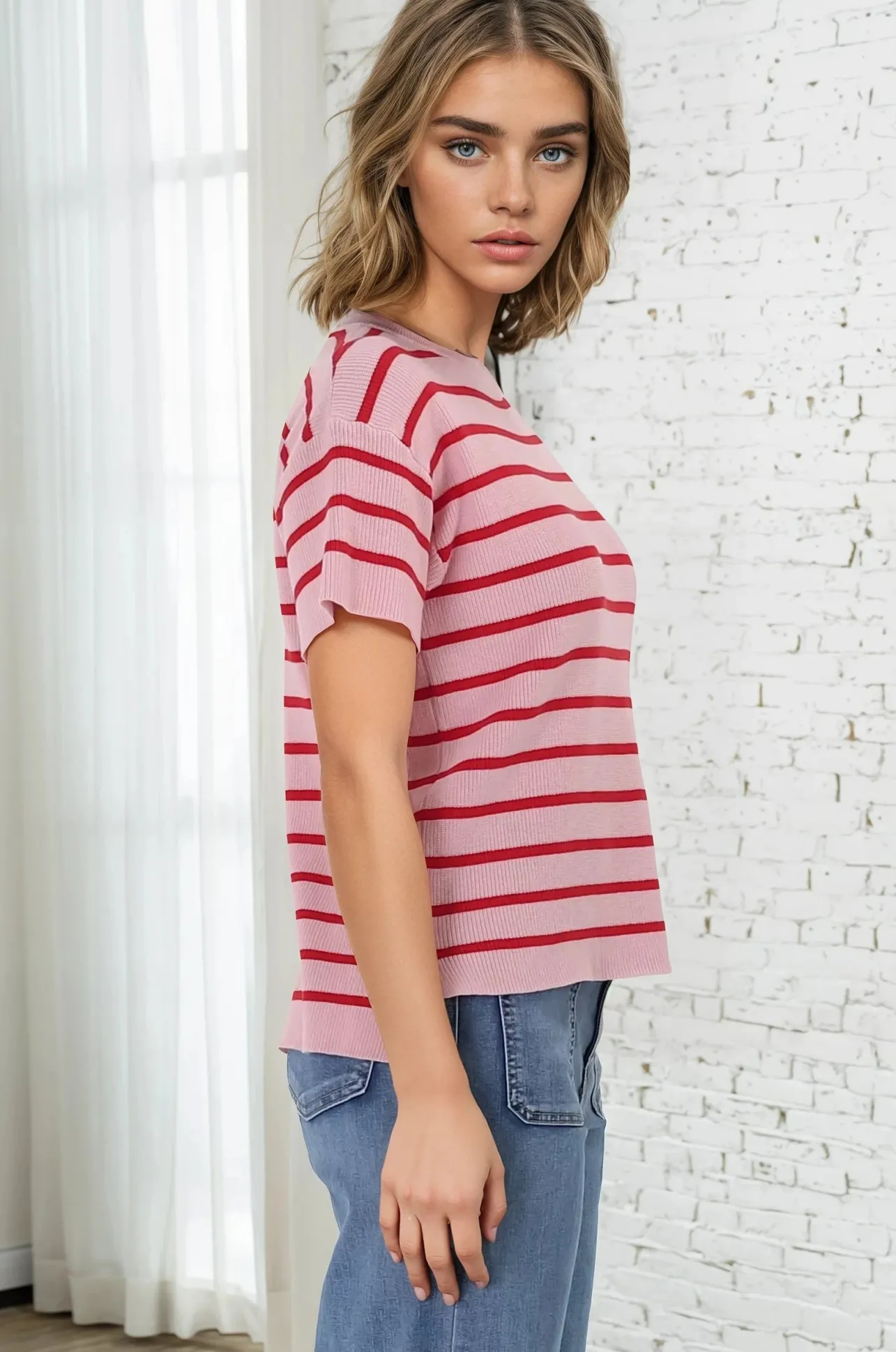 Alden Knit Top: Relaxed Striped Crew Neck Top in Pink>Salty Crush Discount