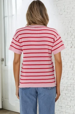 Alden Knit Top: Relaxed Striped Crew Neck Top in Pink><noscript><img width=