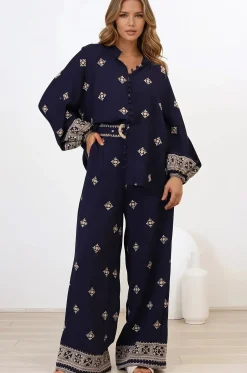 Alesia Pants - High Waisted Embroidered Pants with Belt in Selena Print Navy>Salty Crush Discount