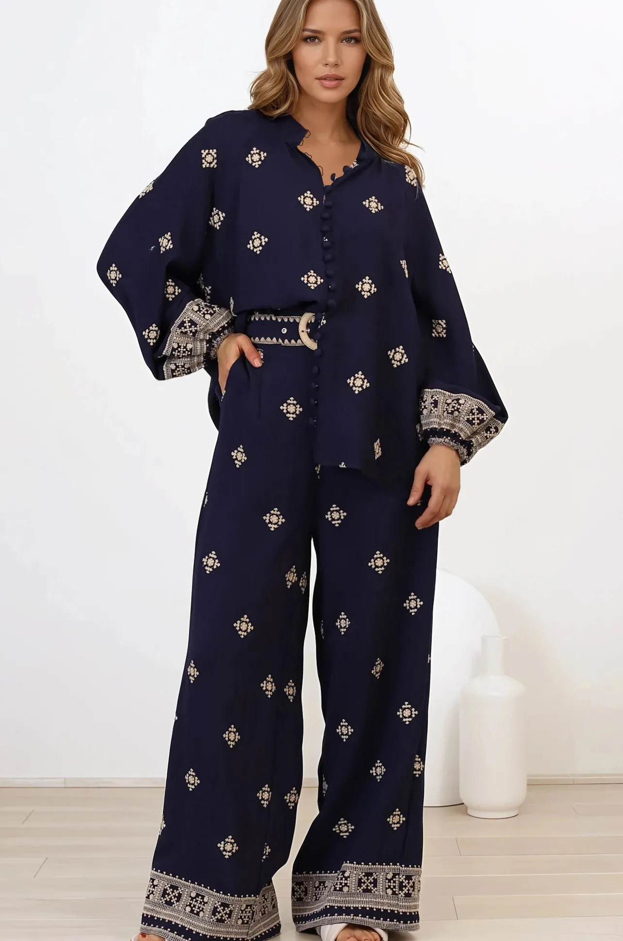 Alesia Pants - High Waisted Embroidered Pants with Belt in Selena Print Navy>Salty Crush Discount