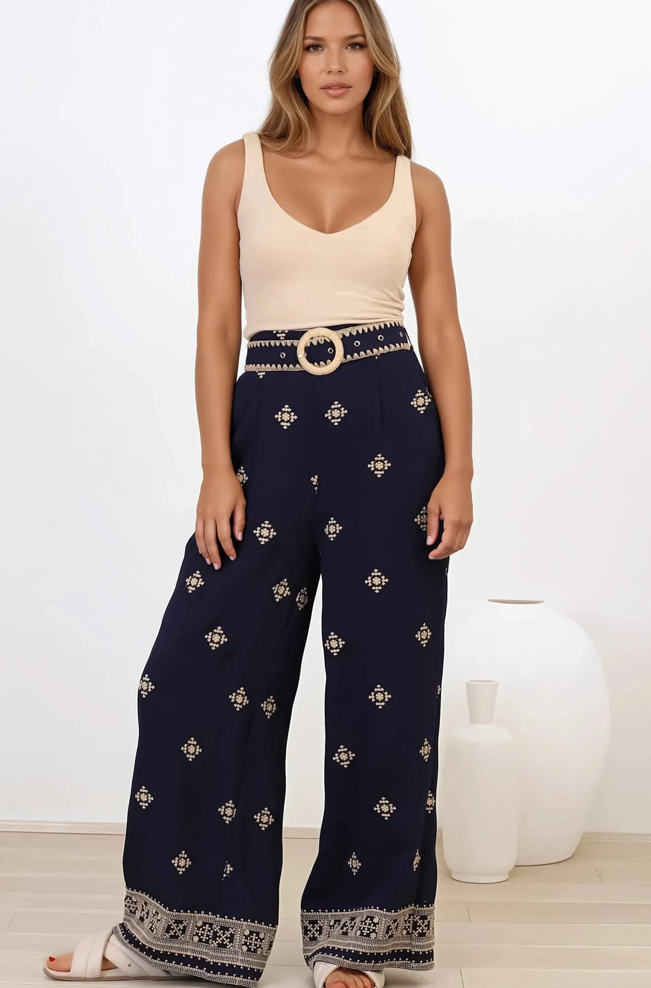 Alesia Pants - High Waisted Embroidered Pants with Belt in Selena Print Navy>Salty Crush Discount