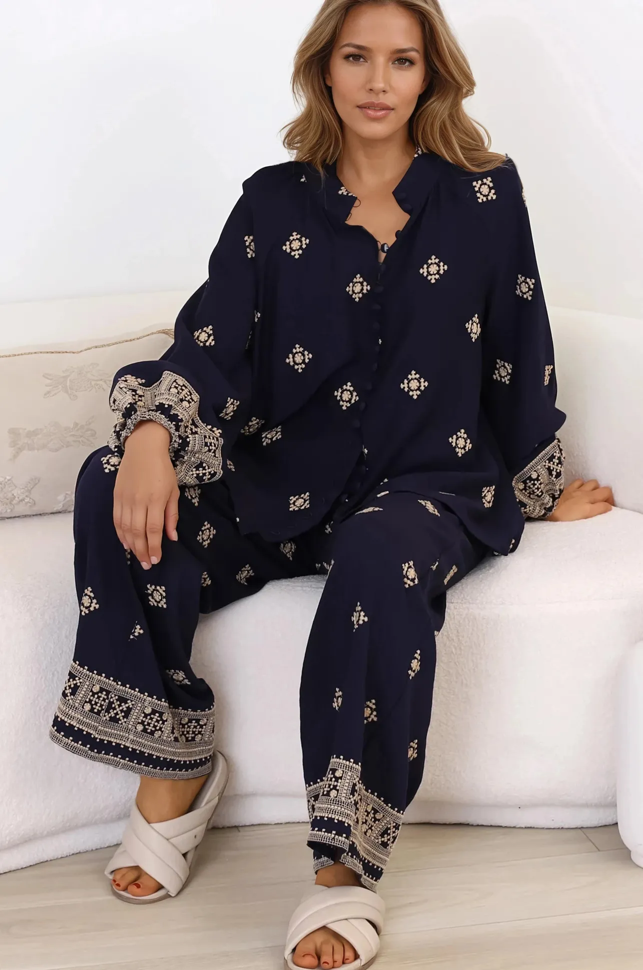 Alesia Pants - High Waisted Embroidered Pants with Belt in Selena Print Navy>Salty Crush Discount