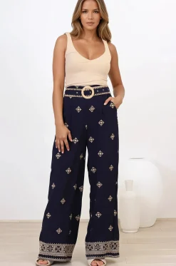 Alesia Pants - High Waisted Embroidered Pants with Belt in Selena Print Navy><noscript><img width=