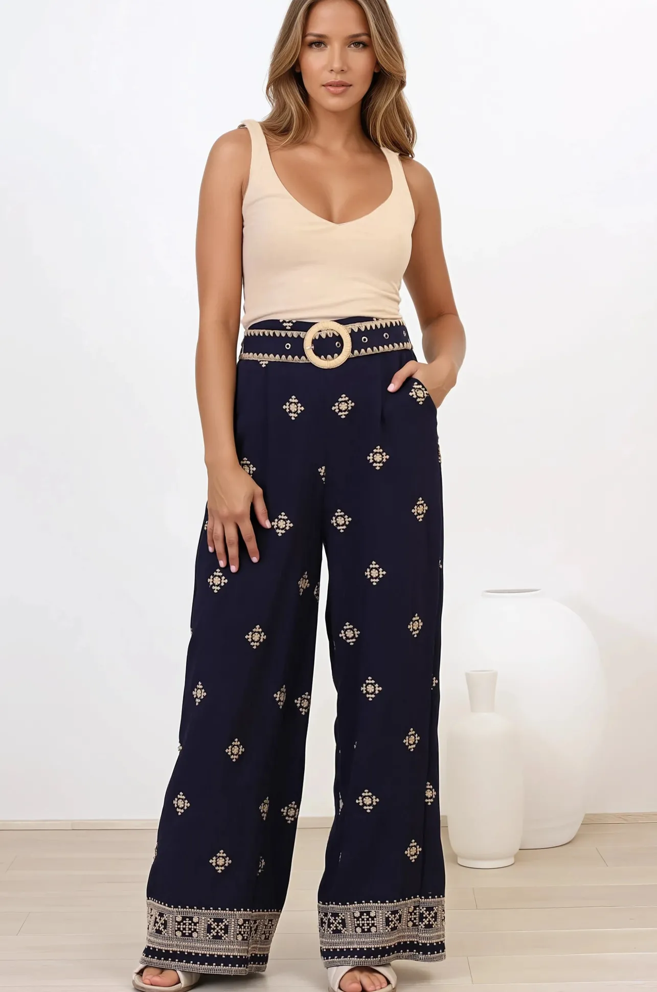 Alesia Pants - High Waisted Embroidered Pants with Belt in Selena Print Navy>Salty Crush Discount