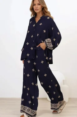 Alesia Pants - High Waisted Embroidered Pants with Belt in Selena Print Navy><noscript><img width=