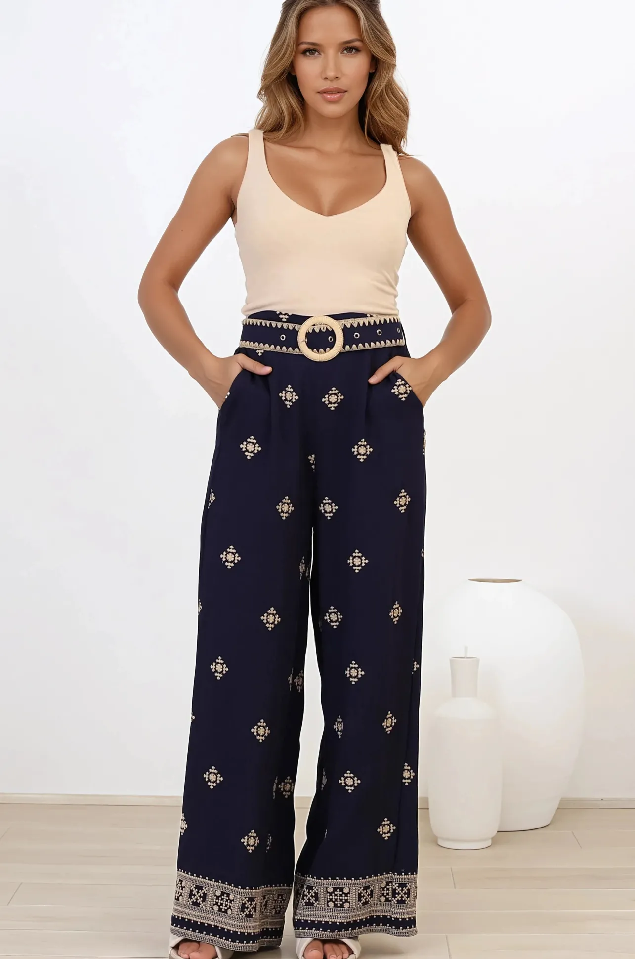 Alesia Pants - High Waisted Embroidered Pants with Belt in Selena Print Navy>Salty Crush Discount