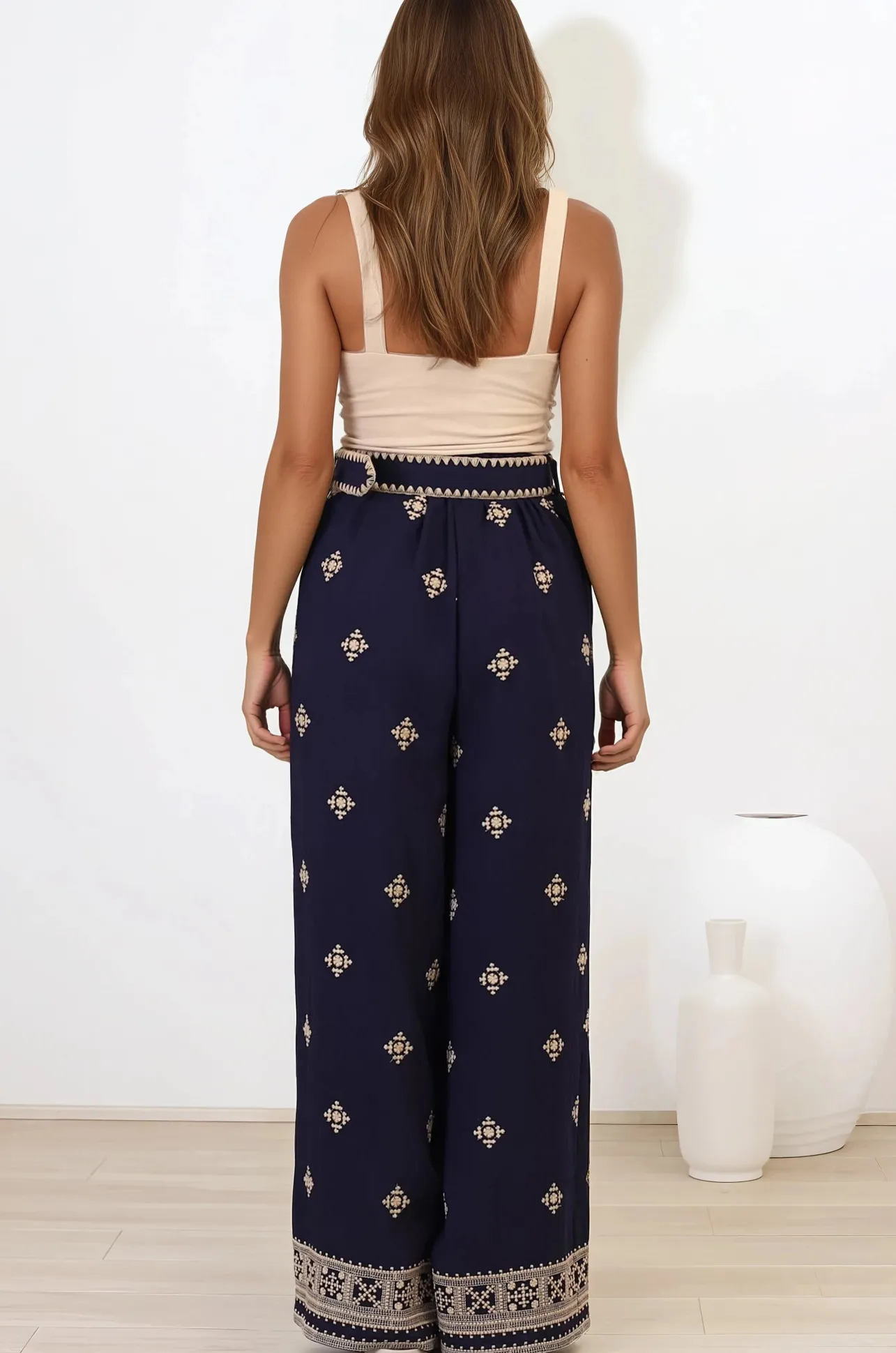 Alesia Pants - High Waisted Embroidered Pants with Belt in Selena Print Navy>Salty Crush Discount