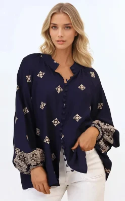 Alexi Blouse - Mandarin Collar Embroidered Button-Down Shirt in Selena Print Navy>Salty Crush Discount