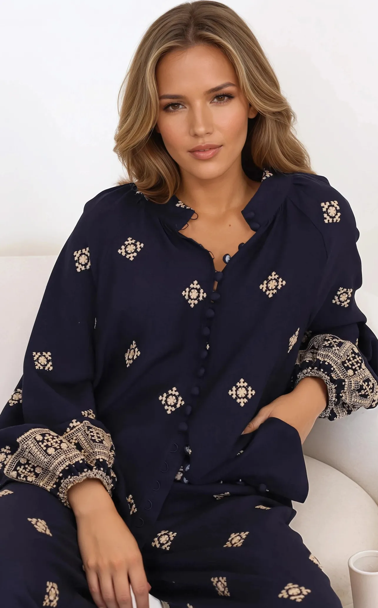 Alexi Blouse - Mandarin Collar Embroidered Button-Down Shirt in Selena Print Navy>Salty Crush Discount