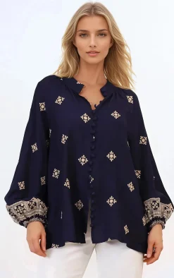 Alexi Blouse - Mandarin Collar Embroidered Button-Down Shirt in Selena Print Navy><noscript><img width=