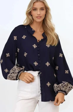 Alexi Blouse - Mandarin Collar Embroidered Button-Down Shirt in Selena Print Navy><noscript><img width=