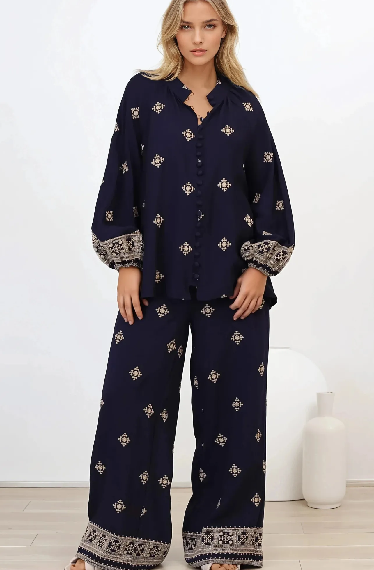 Alexi Blouse - Mandarin Collar Embroidered Button-Down Shirt in Selena Print Navy>Salty Crush Discount