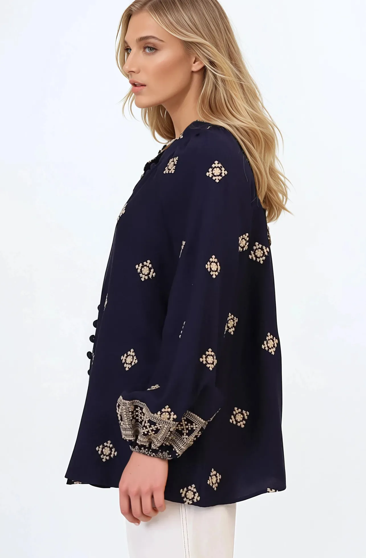 Alexi Blouse - Mandarin Collar Embroidered Button-Down Shirt in Selena Print Navy>Salty Crush Discount