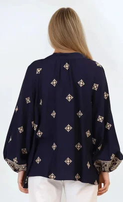 Alexi Blouse - Mandarin Collar Embroidered Button-Down Shirt in Selena Print Navy><noscript><img width=