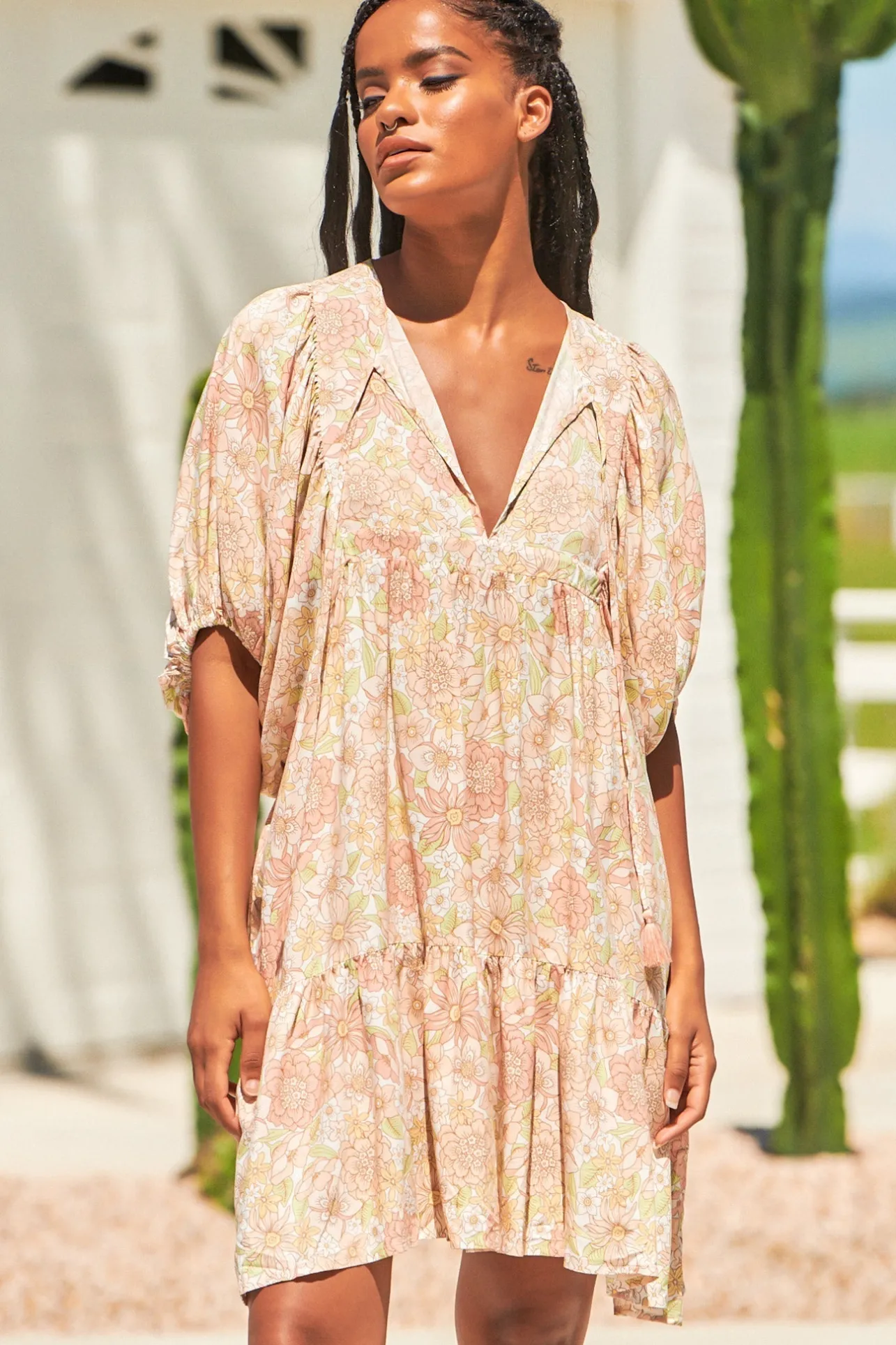 Alice Mini Dress - V Neckline with Pin Tucking Bust Detail Dress Tigerlily Print>Jaase Best