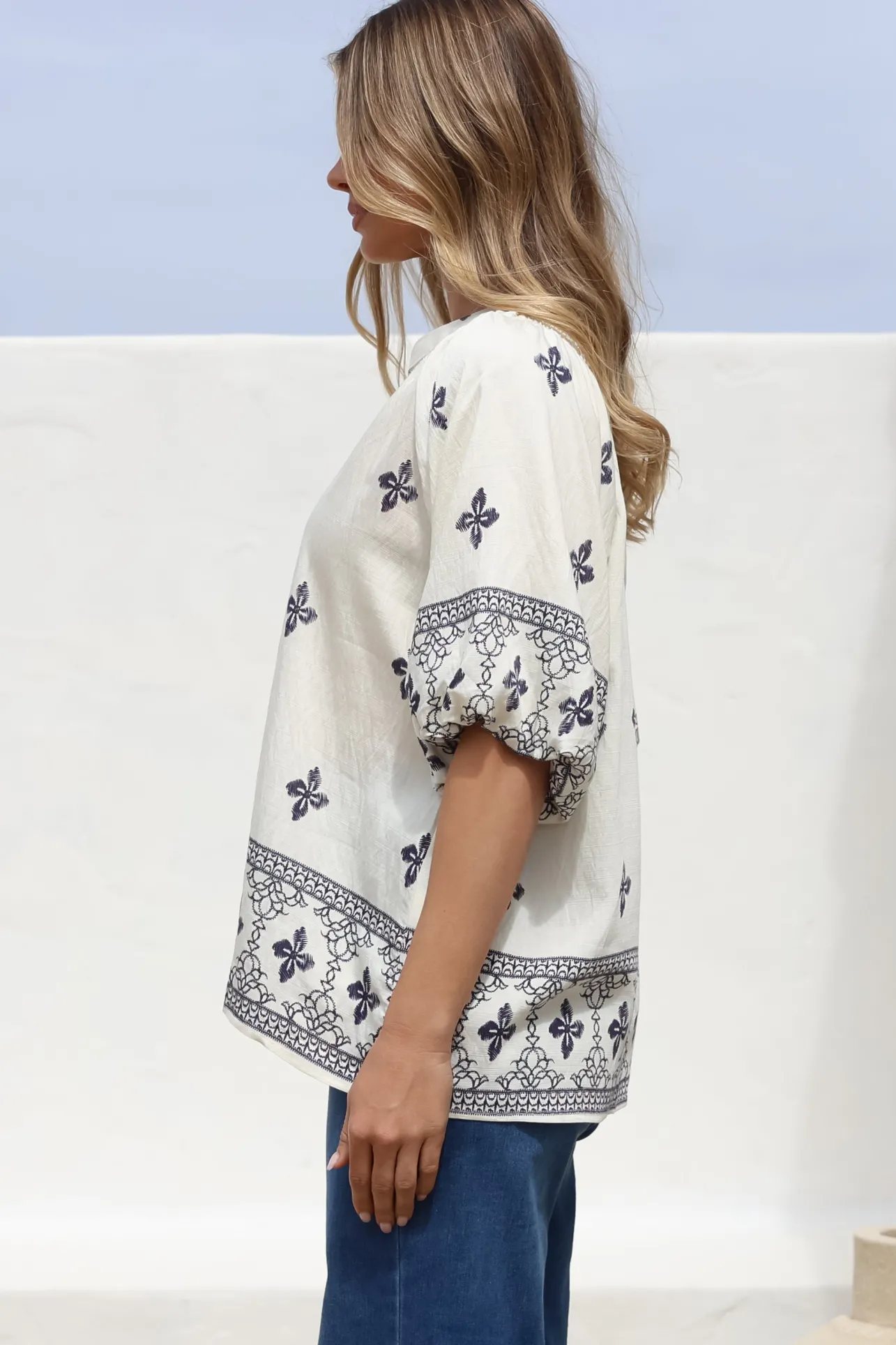 Alicia Top - Mandarin Collar Buttoned-Down Top in Sahara Print Navy>Salty Crush