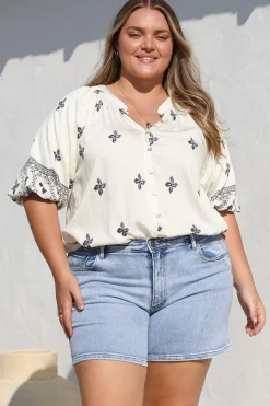 Alicia Top - Mandarin Collar Buttoned-Down Top in Sahara Print Navy><noscript><img width=