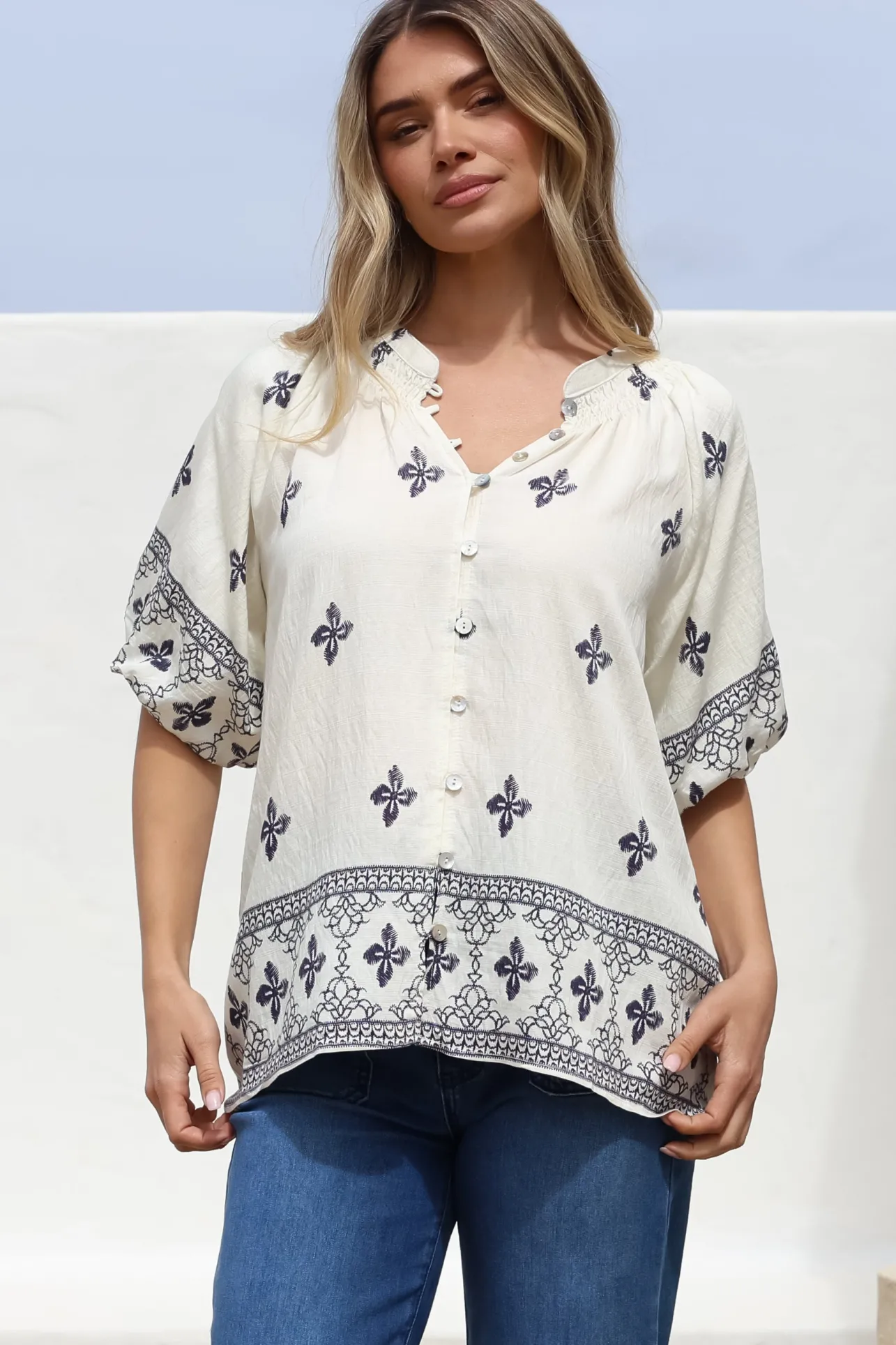 Alicia Top - Mandarin Collar Buttoned-Down Top in Sahara Print Navy>Salty Crush