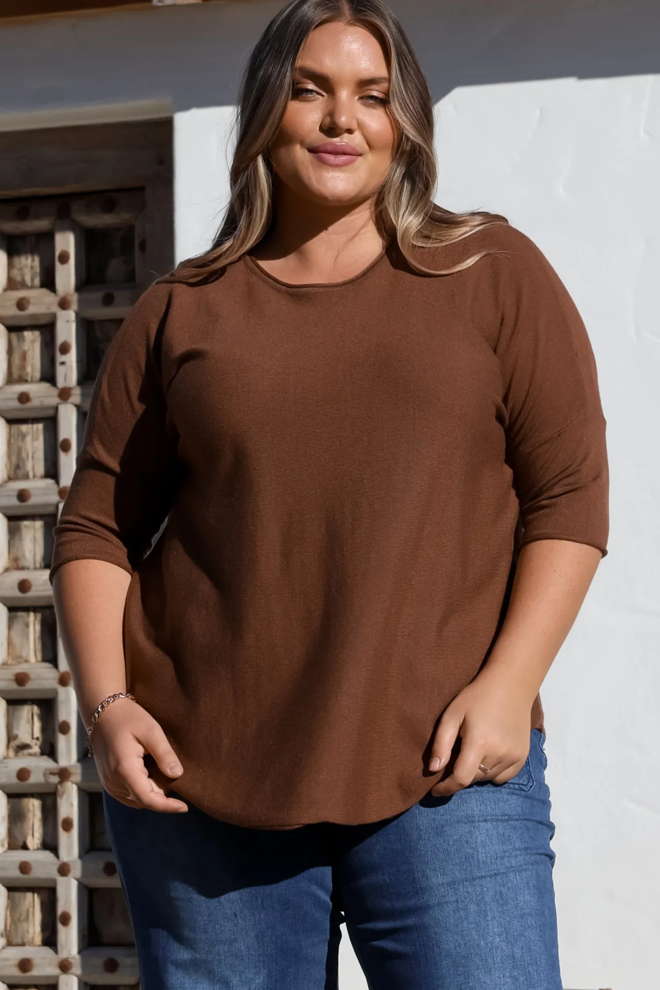 Allegra Knit Top - Crew Neck Curved Hem Box Silhouette Top in Chocolate>Salty Crush Discount