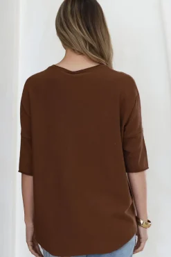 Allegra Knit Top - Crew Neck Curved Hem Box Silhouette Top in Chocolate><noscript><img width=