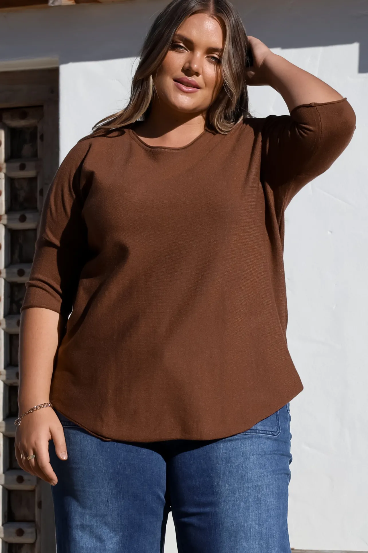 Allegra Knit Top - Crew Neck Curved Hem Box Silhouette Top in Chocolate>Salty Crush Discount