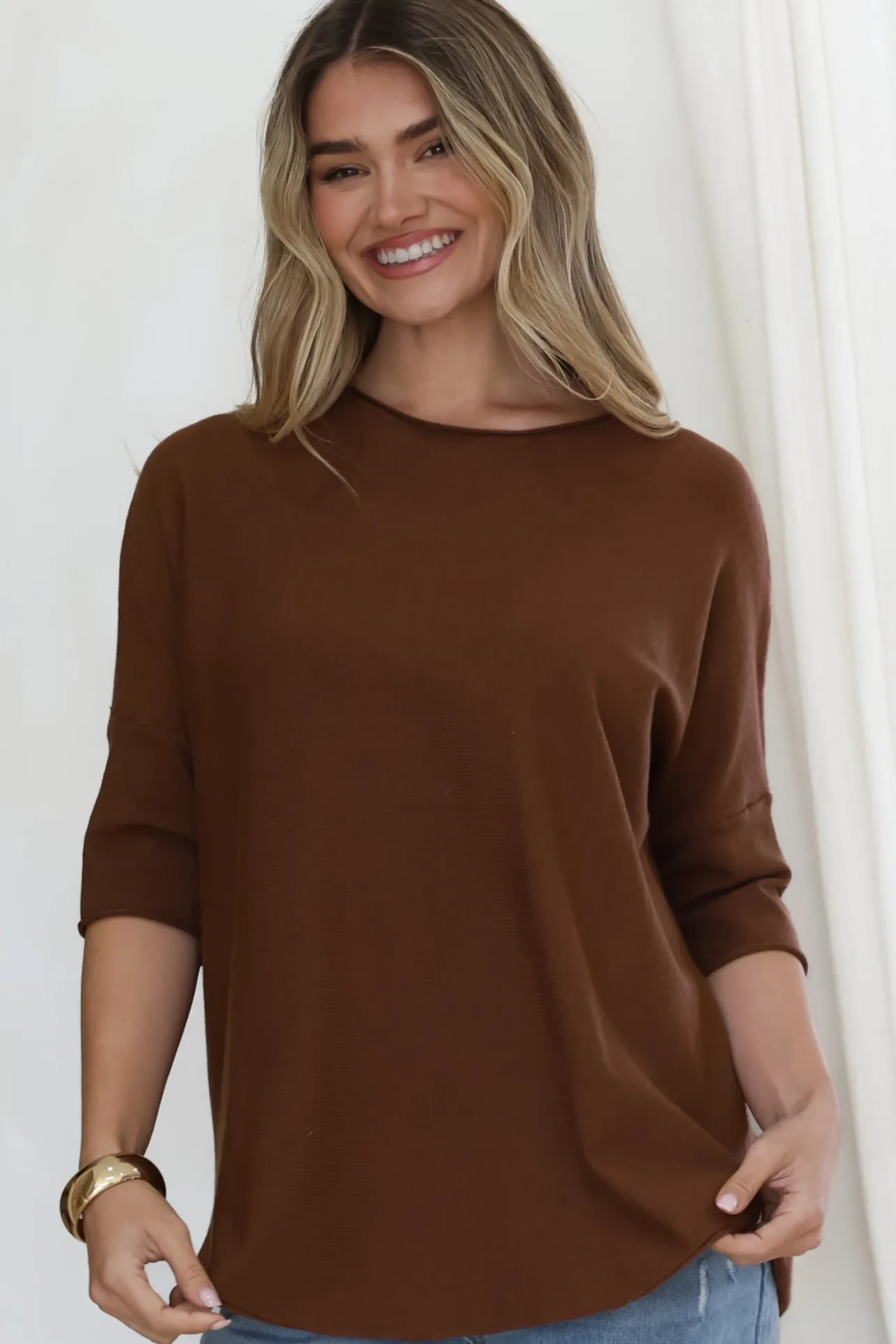 Allegra Knit Top - Crew Neck Curved Hem Box Silhouette Top in Chocolate>Salty Crush Discount