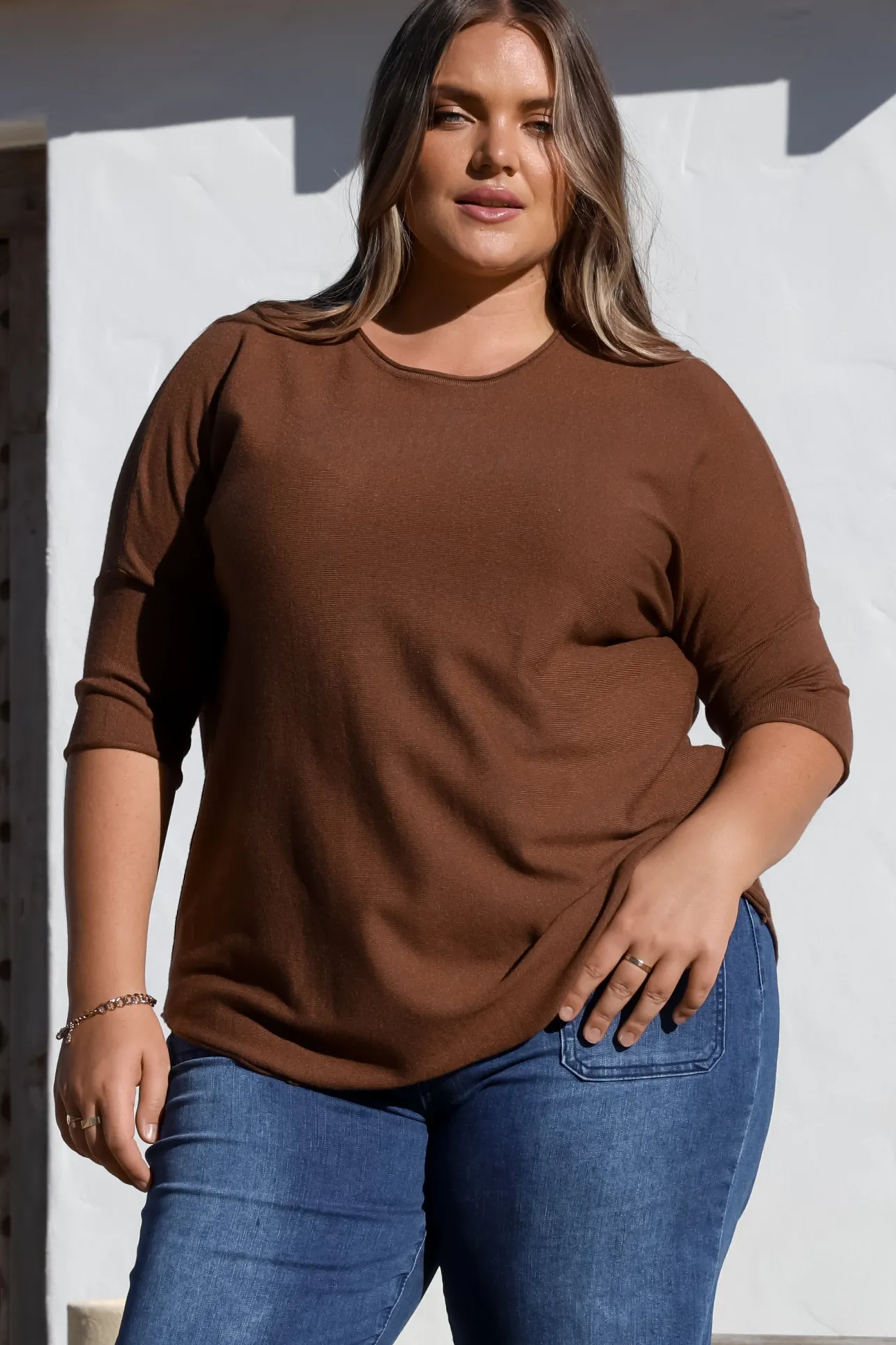 Allegra Knit Top - Crew Neck Curved Hem Box Silhouette Top in Chocolate>Salty Crush Discount