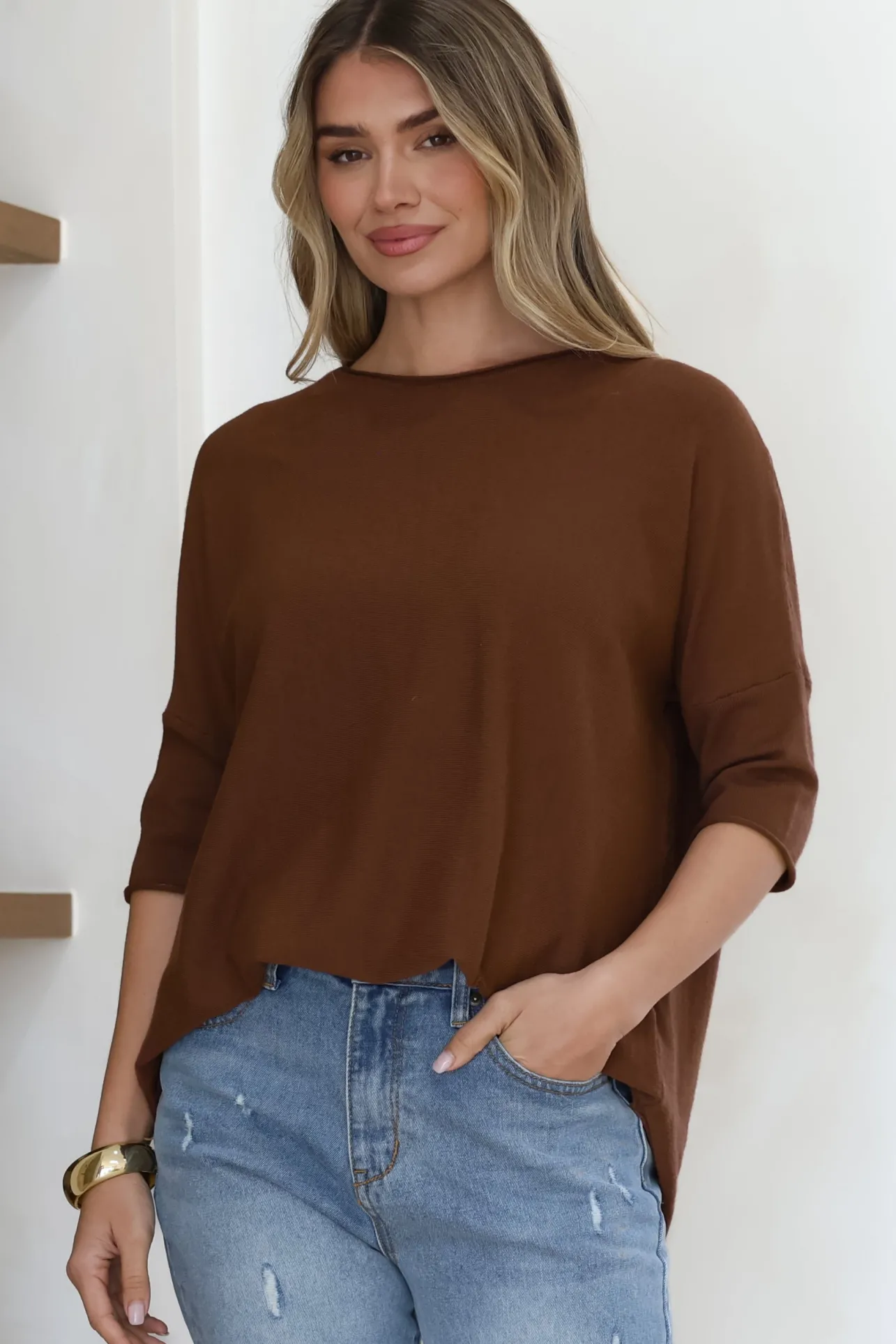 Allegra Knit Top - Crew Neck Curved Hem Box Silhouette Top in Chocolate>Salty Crush Discount