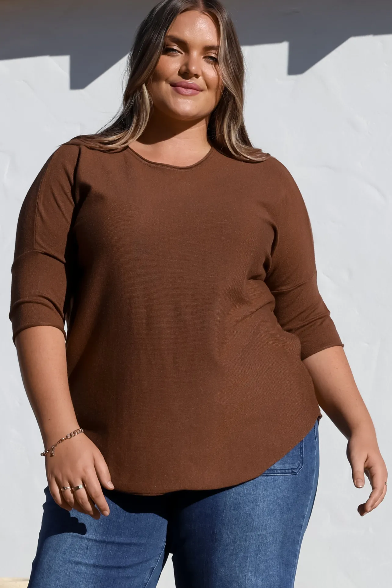 Allegra Knit Top - Crew Neck Curved Hem Box Silhouette Top in Chocolate>Salty Crush Discount