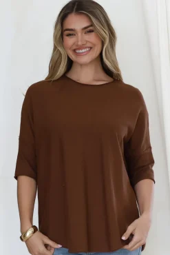 Allegra Knit Top - Crew Neck Curved Hem Box Silhouette Top in Chocolate><noscript><img width=