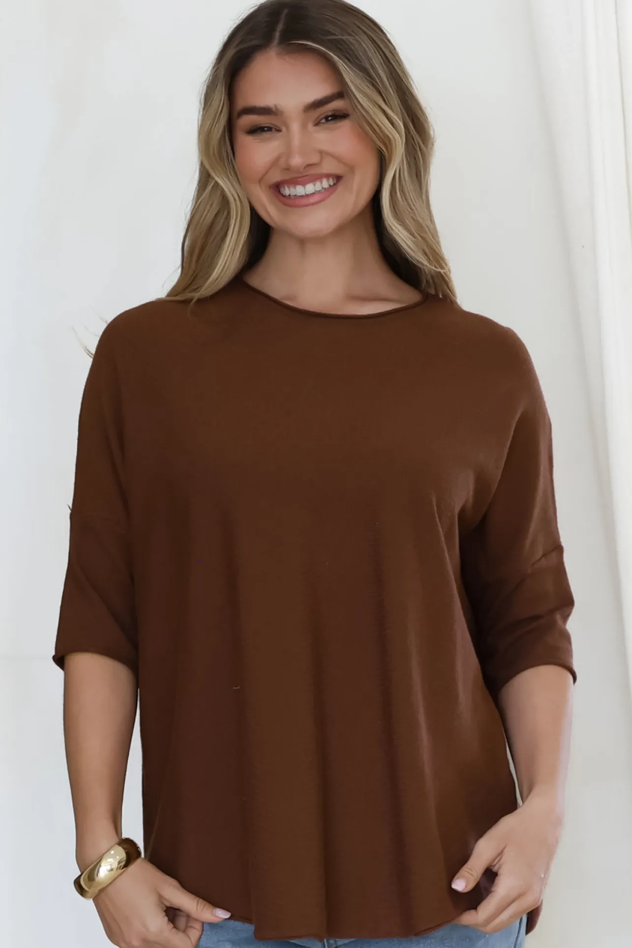 Allegra Knit Top - Crew Neck Curved Hem Box Silhouette Top in Chocolate>Salty Crush Discount