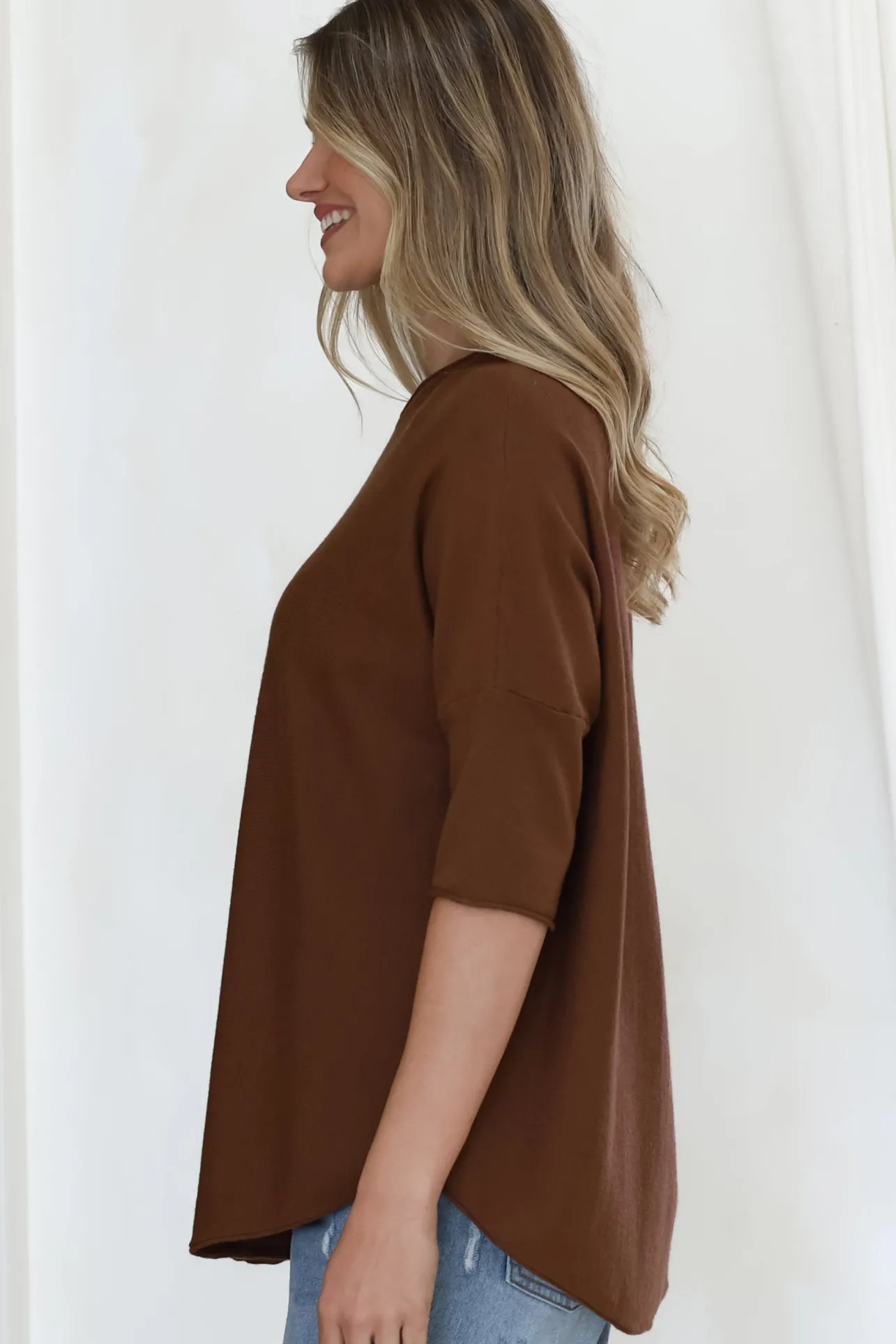 Allegra Knit Top - Crew Neck Curved Hem Box Silhouette Top in Chocolate>Salty Crush Discount