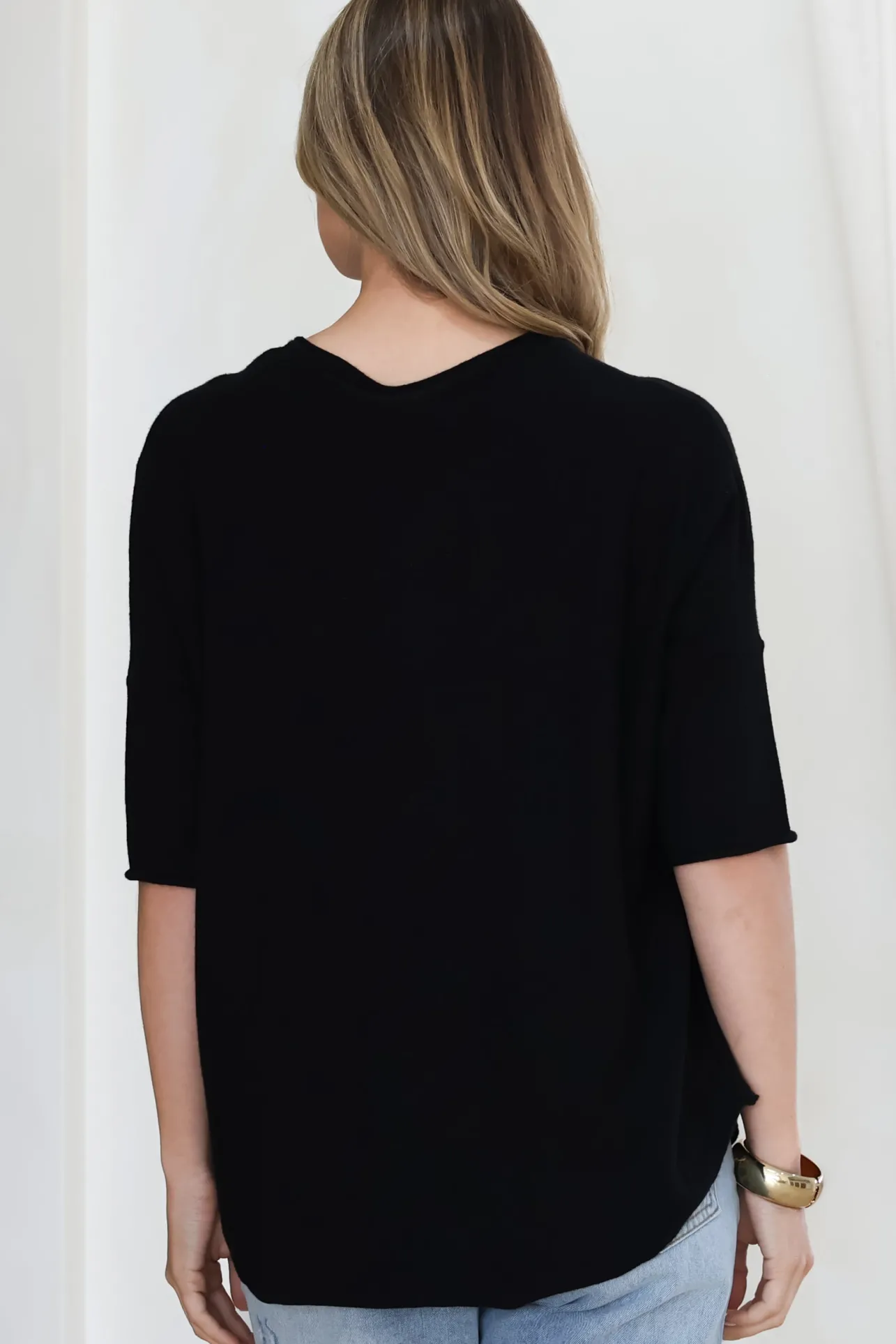 Allegra Knit Top - Crew Neck Curved Hem Box Silhouette Top in Black>Salty Crush New