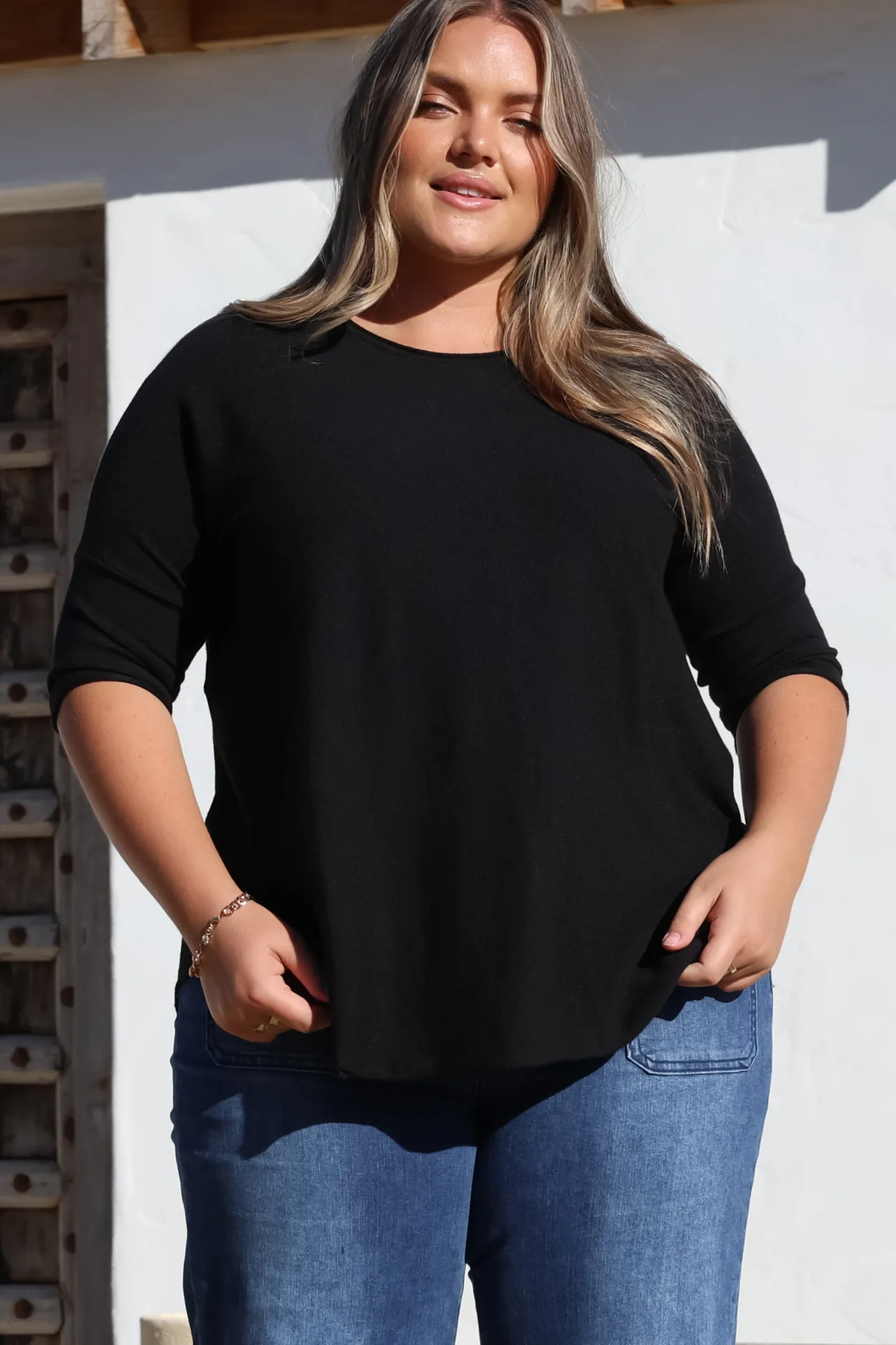 Allegra Knit Top - Crew Neck Curved Hem Box Silhouette Top in Black>Salty Crush New