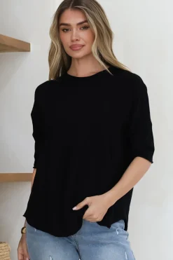 Allegra Knit Top - Crew Neck Curved Hem Box Silhouette Top in Black><noscript><img width=