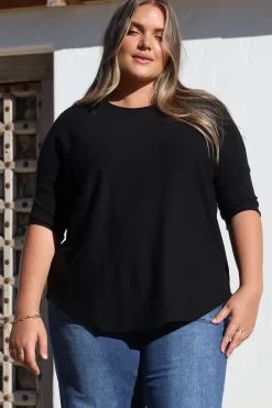 Allegra Knit Top - Crew Neck Curved Hem Box Silhouette Top in Black><noscript><img width=