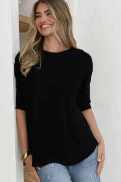 Allegra Knit Top - Crew Neck Curved Hem Box Silhouette Top in Black><noscript><img width=