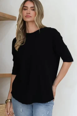 Allegra Knit Top - Crew Neck Curved Hem Box Silhouette Top in Black><noscript><img width=