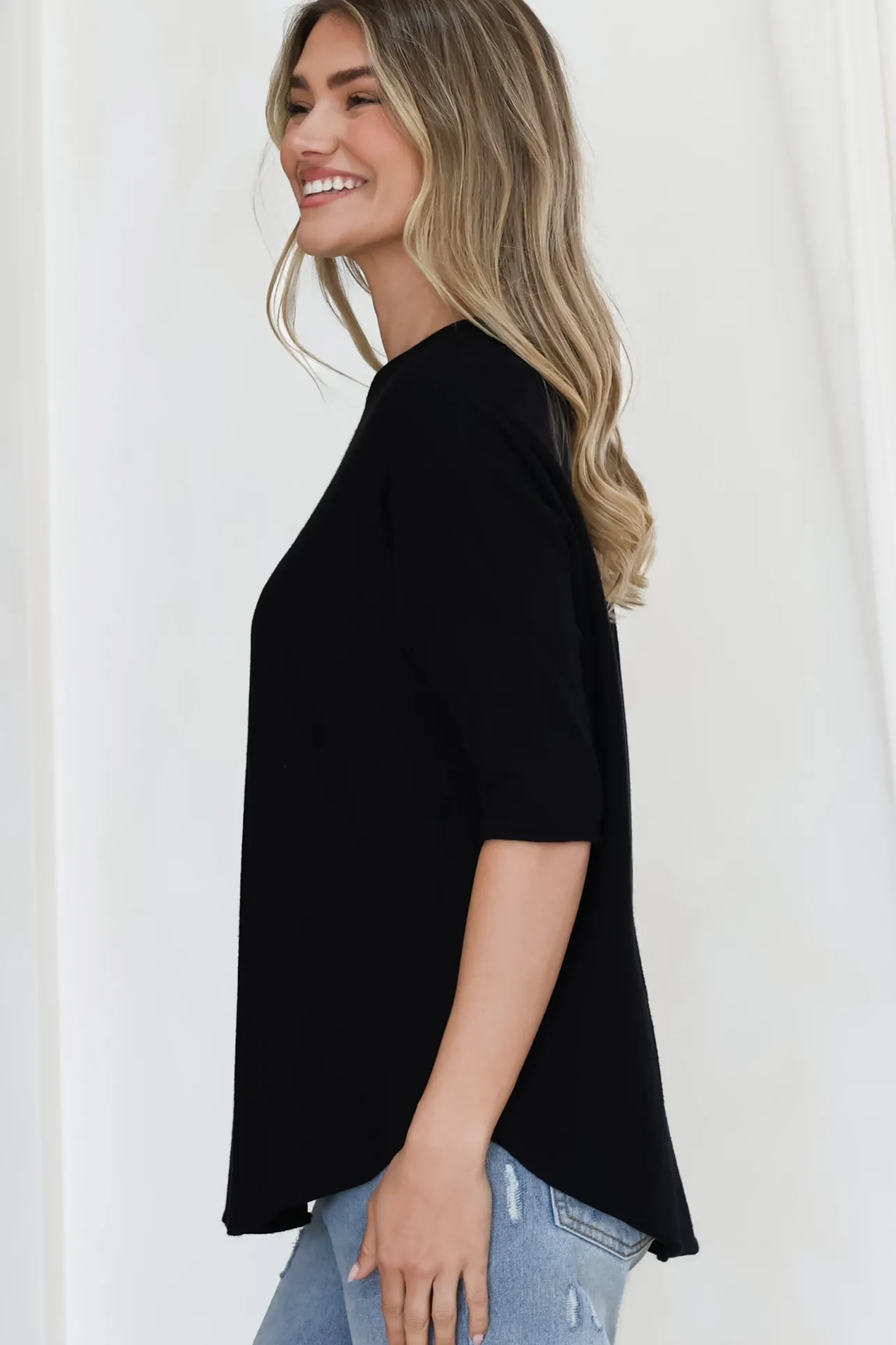 Allegra Knit Top - Crew Neck Curved Hem Box Silhouette Top in Black>Salty Crush New