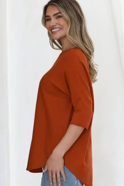 Allegra Knit Top - Crew Neck Curved Hem Box Silhouette Top in Burnt Orange><noscript><img width=