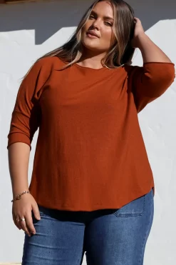 Allegra Knit Top - Crew Neck Curved Hem Box Silhouette Top in Burnt Orange><noscript><img width=