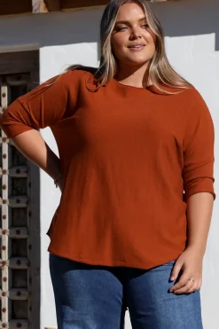 Allegra Knit Top - Crew Neck Curved Hem Box Silhouette Top in Burnt Orange><noscript><img width=
