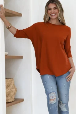 Allegra Knit Top - Crew Neck Curved Hem Box Silhouette Top in Burnt Orange><noscript><img width=
