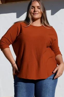 Allegra Knit Top - Crew Neck Curved Hem Box Silhouette Top in Burnt Orange><noscript><img width=