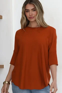 Allegra Knit Top - Crew Neck Curved Hem Box Silhouette Top in Burnt Orange><noscript><img width=