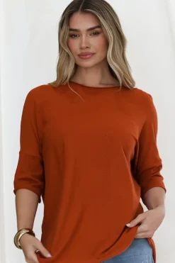 Allegra Knit Top - Crew Neck Curved Hem Box Silhouette Top in Burnt Orange><noscript><img width=