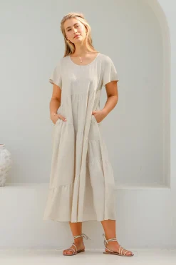 Allegra Midi Dress - Relaxed Asymmetric Tiered Linen Smock Dress in Oat>Salty Crush New